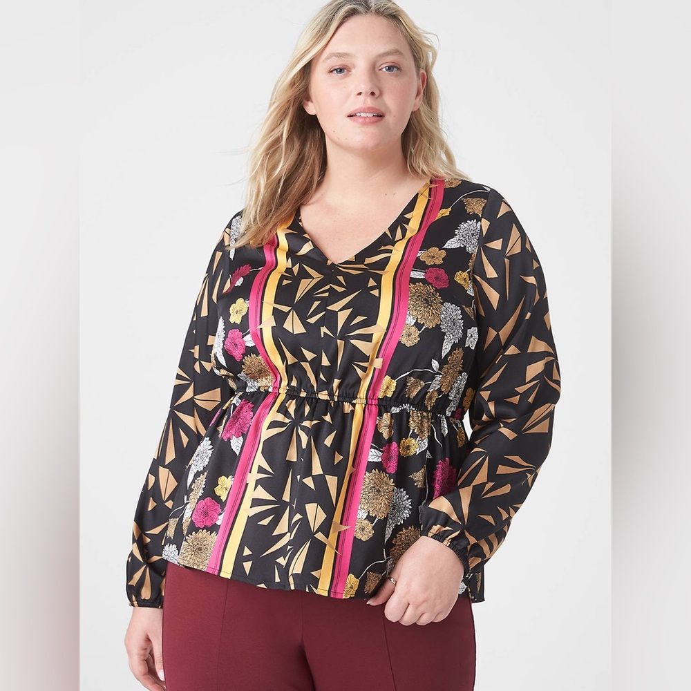 Lane Bryant Classic Long-Sleeve V-Neck Peplum Blouse Black Geo Floral Border 24